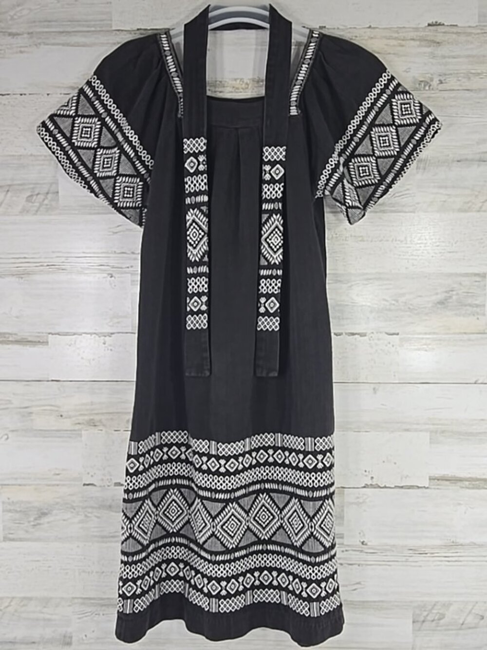 MAYA Guatemala Embroidered Black Cotton Dress Tunic SMALL Boho Folk Huipil Style - Picture 1 of 16